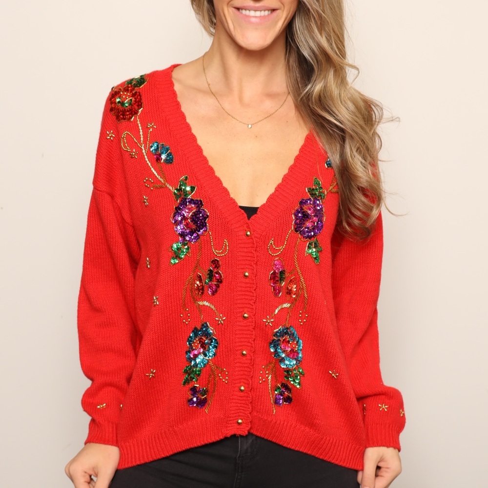 ❄️🎄 EUC Vintage Festive Beaded Red Floral Embroidered Women's Sweater